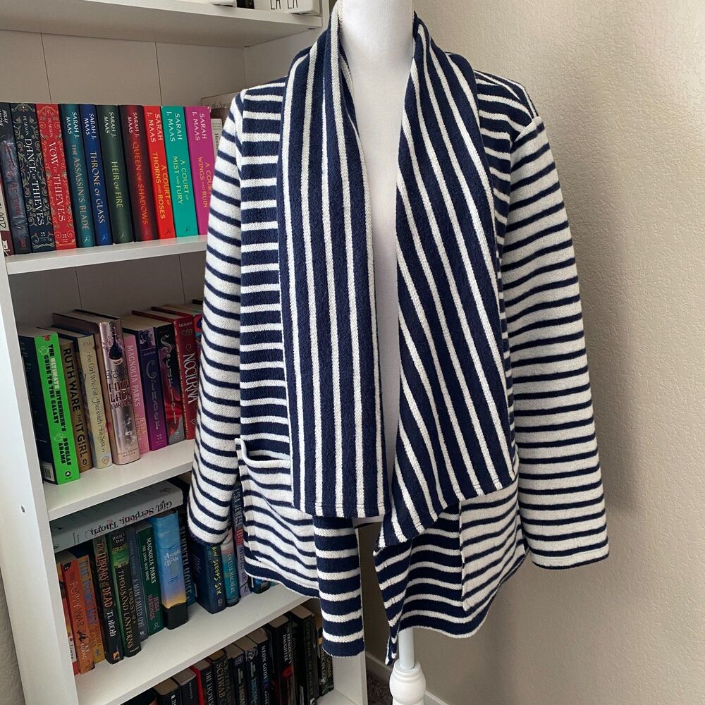 Anthropologie STARK X Navy White Stripe Skipper Sweater Stripe Cardigan Size LP - Picture 4 of 10